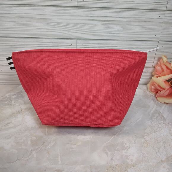 Lancome Small Cosmetic Bag, Red Black White Striped Make-Up Pouch - Picture 3 of 9